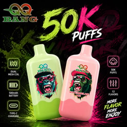 Qq Bang 50K Disposable Vape Ad With Mint Ice And Watermelon Ice Devices On A Neon Black Background