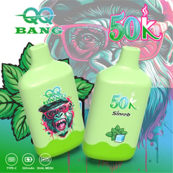 Promotional Graphic For Qq Bang 50K Sinrob Mint Ice Vape Devices With Neon Monkey Artwork And Feature Icons