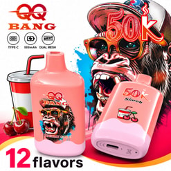 Promotional Graphic For Qq Bang 50K Cherry Coke Vape, Showing Colorful Disposable Devices And Product Features Like Type-C And 500Mah
