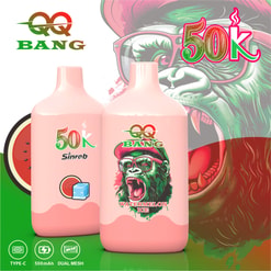 Two Pink Qq Bang 50K Disposable Vape Devices With Watermelon Ice Branding And A Gorilla Graphic, With Feature Icons Below