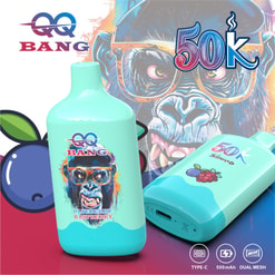 Colorful 50K Bang Blueberry Raspberry Vape Promo With Gorilla Graphic And Flavor Icons On Mint Devices