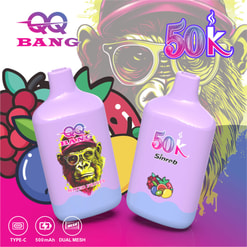 Colorful Vape Device Ad With Two Pastel Lavender Bottles And Fruit-And-Gorilla Graphics, Labeled Qq Bang 50K Sinrob