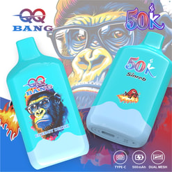 Colorful Ad For Qq Bang 50K Sinrob Vape Devices With Monkey Artwork And Type-C, 500Mah, Dual Mesh Icons