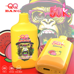 Bright Yellow Qq Bang 50K Vape Devices With Monkey Graphics And Fruit Flavor Labels On A Colorful Promotional Background