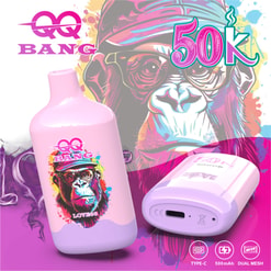 Pink 50K Vape Device Ad With A Colorful Monkey Graphic And Type-C, 500Mah, Dual Mesh Icons