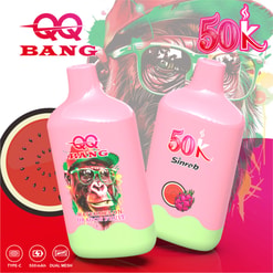 Two Pink Qq Bang 50K Sinrob Vape Devices With Watermelon Dragon Fruit Flavor Graphics And A Monkey Illustration
