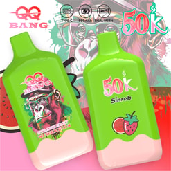 Two Green Qq Bang 50K Vape Devices With Monkey Graphics And Fruit Flavor Labels On A Colorful Product Background