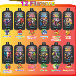 12 Flavors Poster Showing 12 Colorful Bang Vape Devices With Flavor Names And Fruit Icons