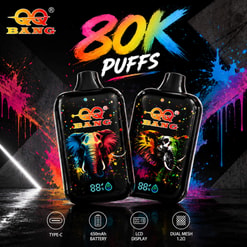 Qq Bang 80K Puffs Vape Ad Showing Two Colorful Elephant-Themed Devices And Feature Icons For Type-C, 650Mah Battery, Lcd Display, And Dual Mesh