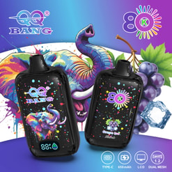 Colorful Ad For Qq Bang And 80K Disposable Vape Devices With Fruit And Elephant Graphics, Type-C, Lcd, Dual Mesh Icons
