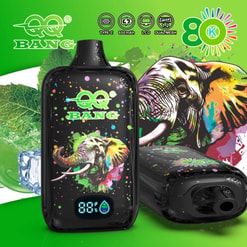 Qq Bang Vape Device With Elephant Artwork, Led Display, And Icons For Type-C, 650Mah, Lcd, And Dual Mesh 1.2
