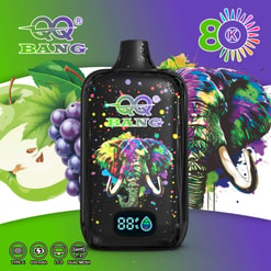 Colorful Qq Bang Vape Device With Elephant And Fruit Graphics, 80K Branding, And Feature Icons On A Green-Purple Background