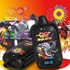 Colorful Qq Bang 80K Vape Devices With Elephant Artwork, Lcd Display, And Feature Icons On A Red-Orange Background