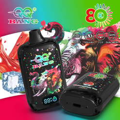 Colorful Qq Bang Vape Ad Showing A Black Elephant-Themed Device With Feature Icons And Bold Rainbow Graphics