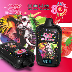 Colorful Qq Bang Vape Devices With Elephant Artwork, Lcd Display, And Feature Icons On A Bright Pink Background