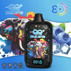 Qq Bang Vape Device With Colorful Elephant Design, Lcd Display, And Feature Icons On A Blue Background