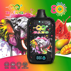 Colorful Qq Bang Vape Device Ad With Elephant And Fruit Graphics, Plus Feature Icons For Type-C, 650Mah, Lcd, And Dual Mesh