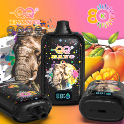 Colorful Ad For Qq Bang 80K Vape Devices With Elephant Artwork, Lcd Screens, And Type-C Charging Icons