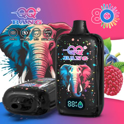 Colorful Qq Bang Vape Devices With Elephant And Berry Designs, Showing Type-C, 650Mah, Lcd, And Dual Mesh Features