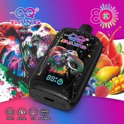 Colorful Qq Bang 80K Vape Device With Elephant Artwork, Fruit Graphics, And Feature Icons On A Pink-Purple Background