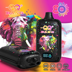 Colorful Qq Bang Vape Ad With Elephant Graphic, Two Black Devices, And Feature Icons For Type-C, 650Mah, Lcd, Dual Mesh