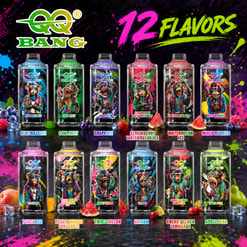 Qq Bang Vape Ad Showing 12 Flavors In Colorful Bottles On A Neon Splatter Background