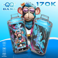 Promotional Graphic For Qq Bang 170K Showing Two Colorful Vape Devices And A Cartoon Monkey Mascot On A Blue Background