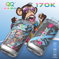 Colorful Ad Showing Two Qq Bang 17K Vape Devices With A Cartoon Monkey And Rainbow Branding
