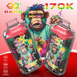 Colorful Qq Bang 17K Vape Ad With A Rainbow Monkey Graphic And Two Cherry Peach Lemonade Devices, Showing Type-C And 650Mah Icons