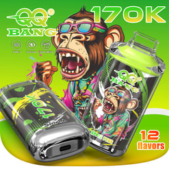 Bright Green Qq Bang Vape Ad With A Cartoon Monkey And Two Devices, Highlighting 17K Puffs, Type-C, 650Mah, And 12 Flavors