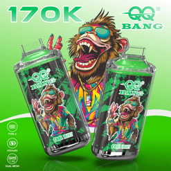 Promotional Graphic For Qq Bang 17K Cool Mint Vaping Devices, Featuring A Cartoon Monkey And Two Green Vape Units With Specs