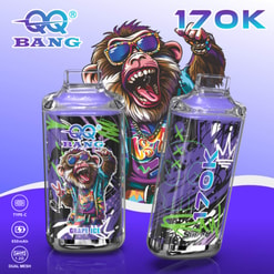 Two Colorful Qq Bang Vape Devices With A Sunglasses-Wearing Monkey Graphic And 17K Text On A Purple Background