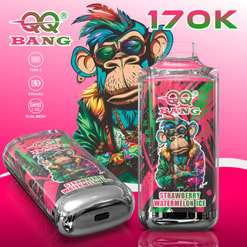 Pink Qq Bang 170K Vape Ad With A Cartoon Monkey And Strawberry Watermelon Ice Flavor, Showing Two Devices And Feature Icons
