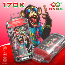 Promotional Graphic For Qq Bang 17K Vape With Cartoon Monkey, Watermelon Ice Flavor, And Type-C 650Mah Dual Mesh Text