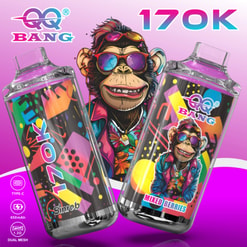 Colorful Ad For Qq Bang 17K Vape Devices With A Cartoon Monkey And Two Patterned Vape Pens On A Pink Background