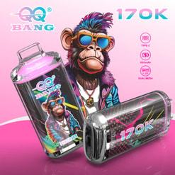 Pink Product Ad For Qq Bang 17Ok Vape Devices With A Cartoon Ape Mascot And Feature Icons For Type-C, 650 Mah, And Dual Mesh