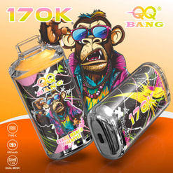 Colorful Ad For Qq Bang 17K Ok Vape Devices With A Cartoon Monkey And Flavor Labels, Plus Type-C And 650Mah Icons