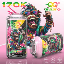 Colorful 17K Qq Bang Triple Melon Vape Package With Cartoon Monkey Artwork And Two Devices On A Pink Background