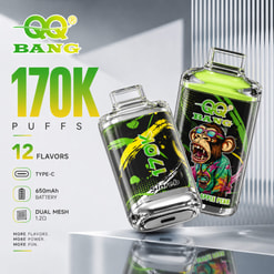 Promotional Graphic For Qq Bang Crystal 170K Puffs Vape Devices, Showing Two Colorful Pods And Feature Text
