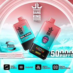 Promotional Graphic For Bang King Delphitech Vape Devices Showing Two Pink-And-Cyan Disposable Vapes, 50,000 Puffs, Dual Flavor, And Mesh Coil Features