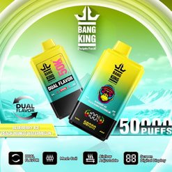 Promotional Graphic For Bang King Delphitech Vapes Showing Two Yellow Disposable Devices, 50,000 Puffs, Dual Flavor, And Flavor Names