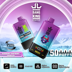 Bang King Delphitech Vape Ad With Two Purple-And-Blue Disposable Devices, 5000 Puffs, Dual Flavor, And Blueberry Raspberry Grape Ice Flavor