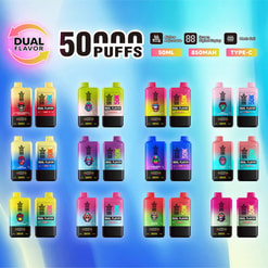 Promotional Graphic For Dual-Flavor Disposable Vapes, Showing 50,000 Puffs, Airflow Control, Digital Display, Mesh Coil, 50Ml, 850Mah, And Type-C