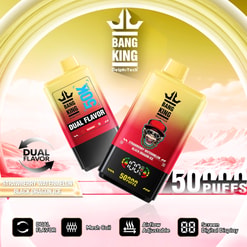 Bang King Delphitech Vape Ad Showing Two Gold-And-Red Dual-Flavor Devices, 50,000 Puffs, And Feature Icons