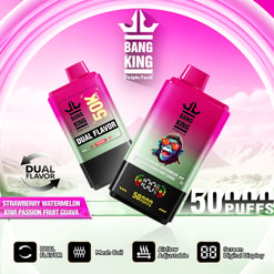 Pink Bang King Delphitech Vape Ad Showing Two 50,000-Puff Dual-Flavor Devices With Feature Icons And Flavor Names