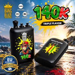 Promotional Graphic For Bang Blaze 140K Triple-Flavor Vape Devices With Product Features And Eu Warehouse Badge