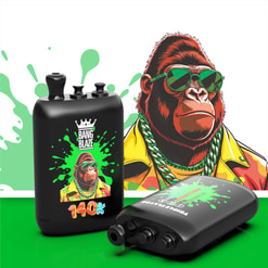 Graphic Of A Gorilla In Green Sunglasses With A Black Vape Device Labeled Bang Blaze 140K