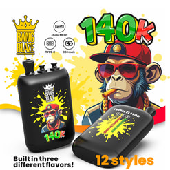 Promotional Graphic For Bang Blaze Vape Device With Cartoon Monkey, 140K Capacity, Dual Mesh, Type-C, 550 Mah, And 12 Styles