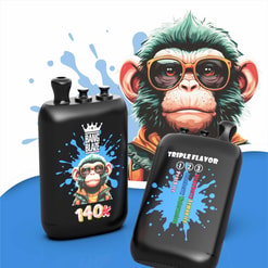 Two Black Vape Devices With Monkey Graphics And Flavor Labels, One Showing Bang Blaze 140K And The Other Triple Flavor