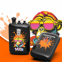 Black Vape Devices With Colorful Monkey Graphics, “Bang Blaze” And “Triple Flavor” Branding, On An Orange Background